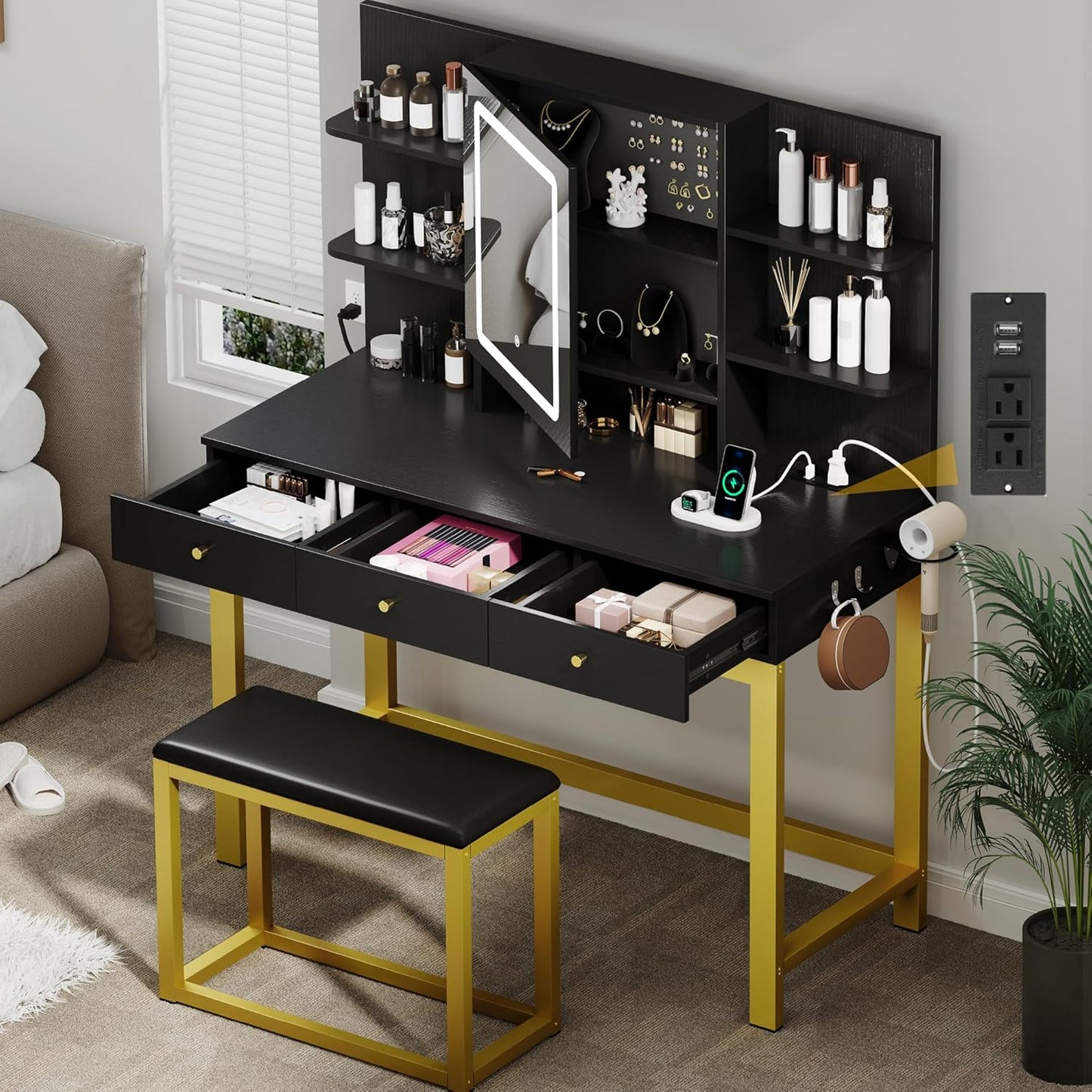 DWVO Vanity Desk with LED Lights and Power Outlet for Makeup