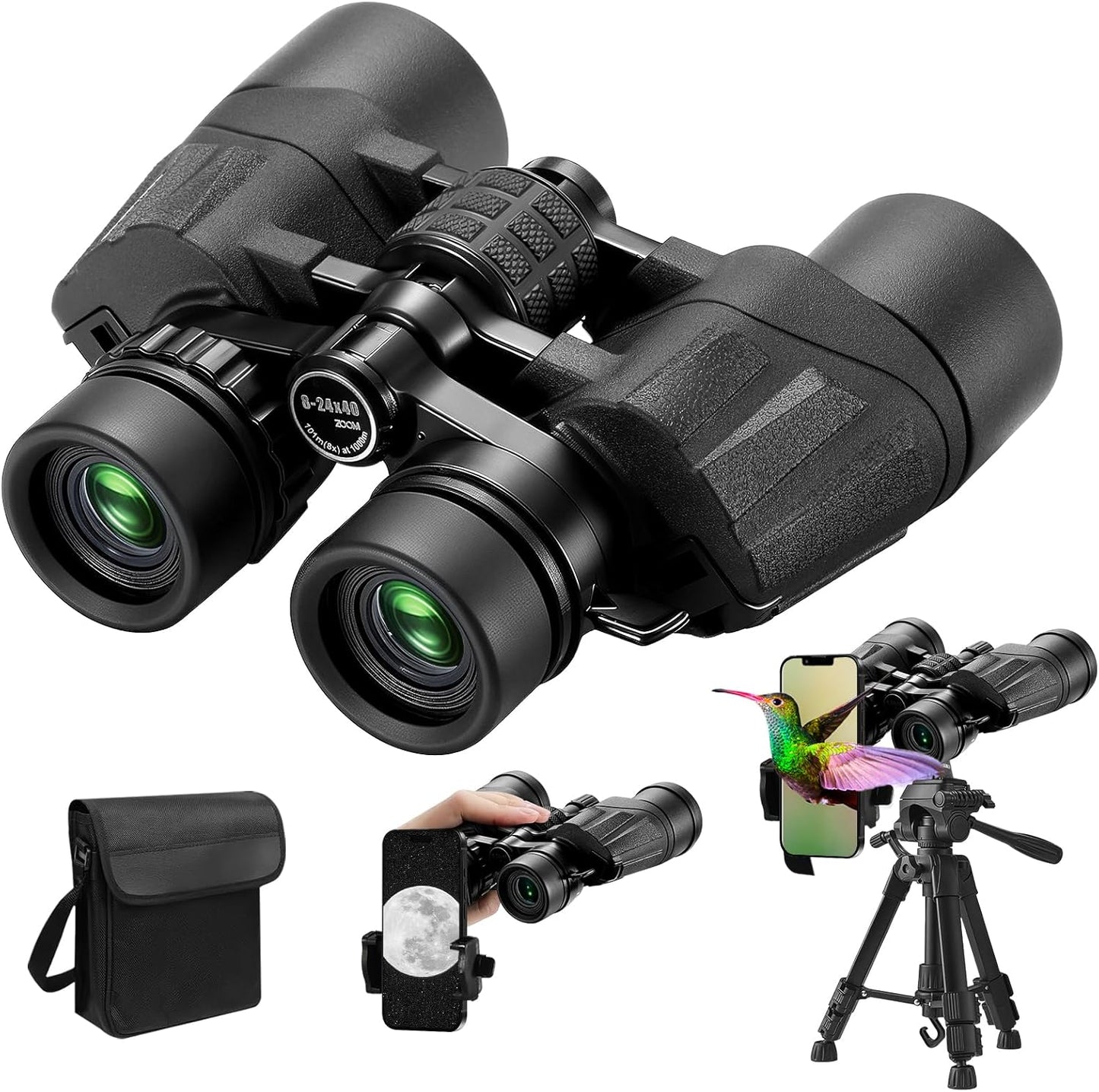 8-24 Zoom Binoculars for Adults with Phone Adapter and Tripod