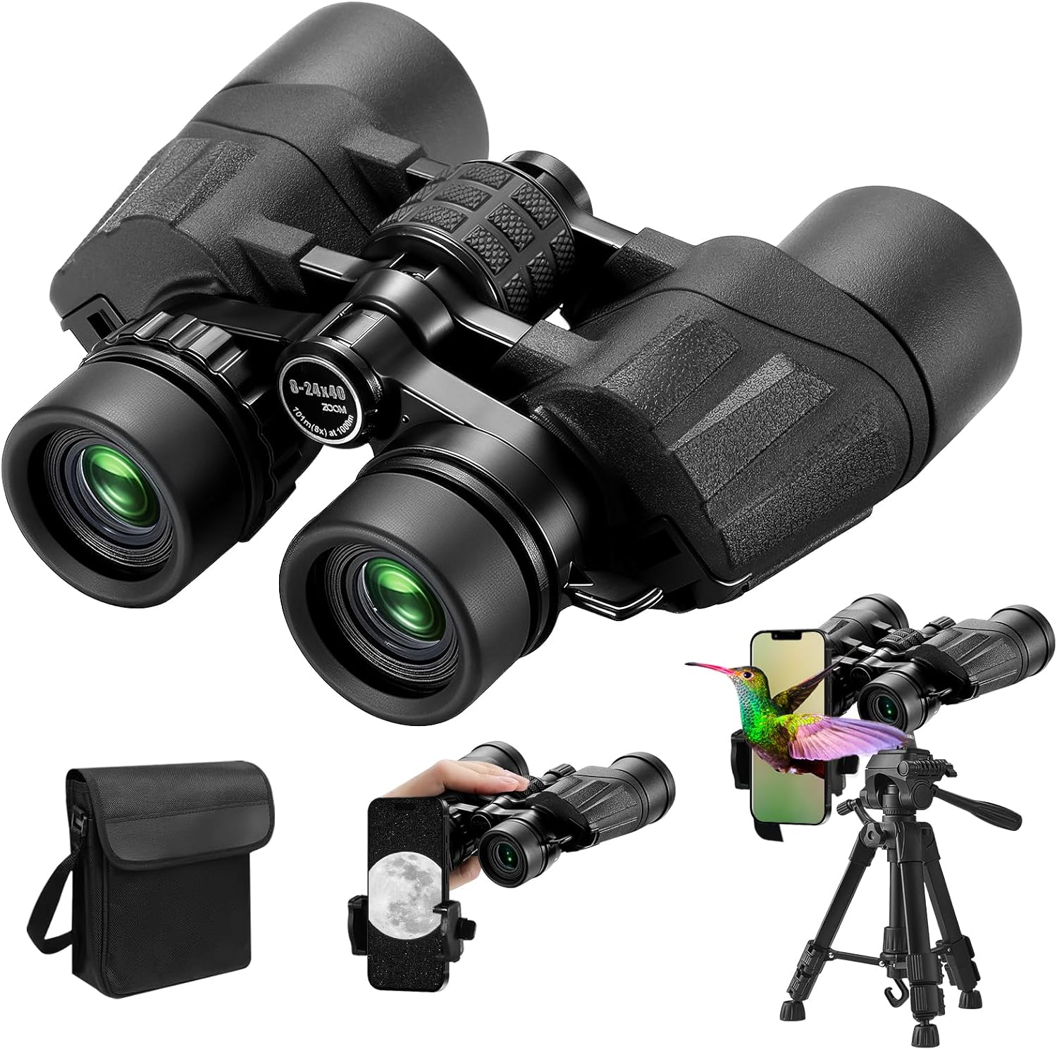 8-24 Zoom Binoculars for Adults with Phone Adapter and Tripod