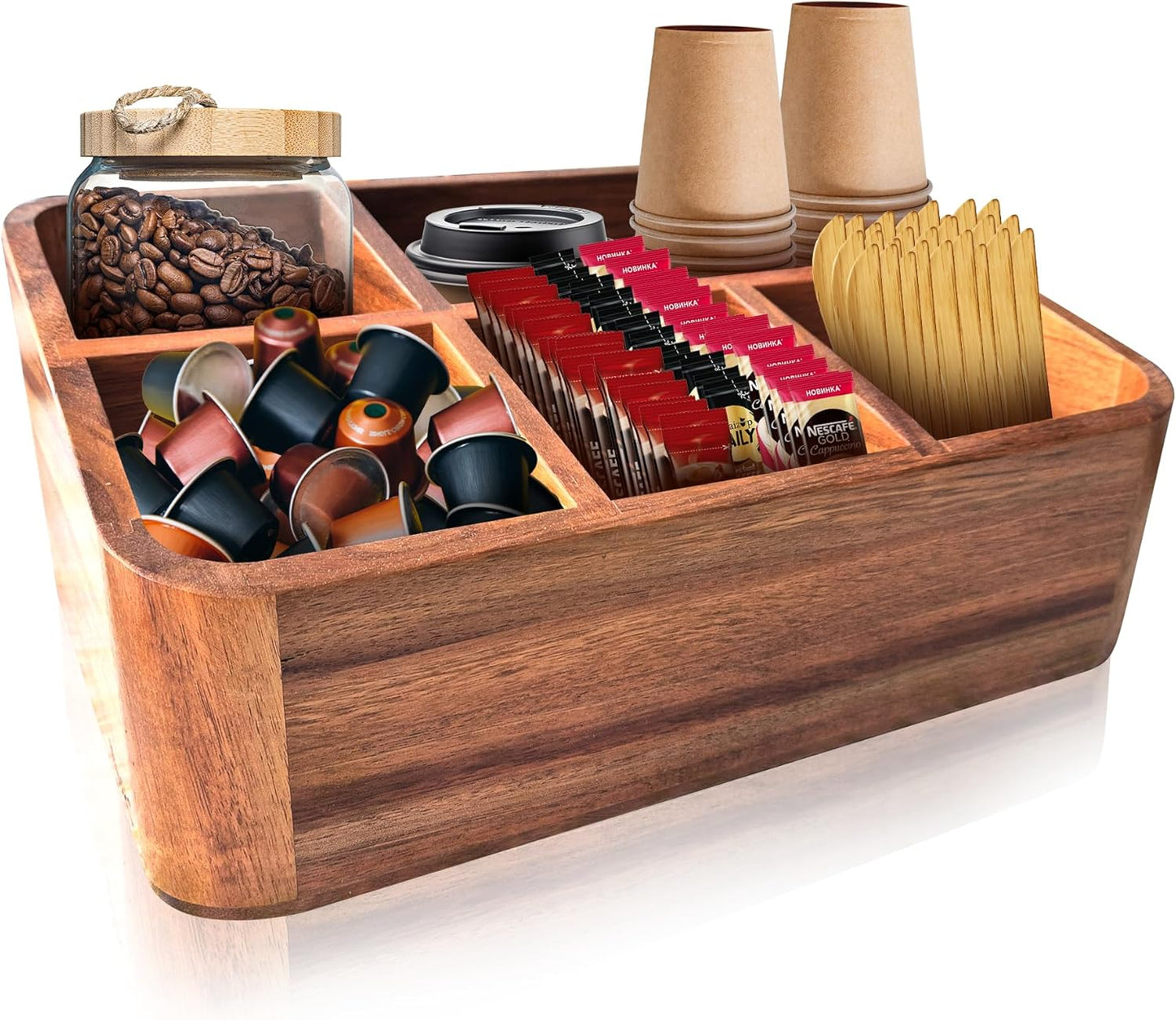 Dstuff Acacia Wood Coffee Station Organizer for Countertop