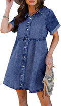 luvamia Casual Short Sleeve Button Down Denim Babydoll Dress - Easy
