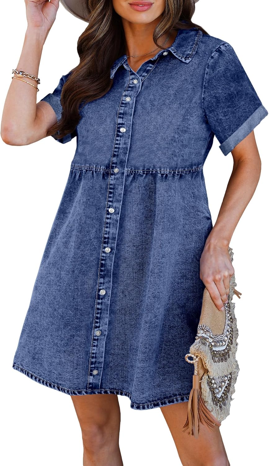 Luvamia Women's Casual Short Sleeve Button Down Denim Dress