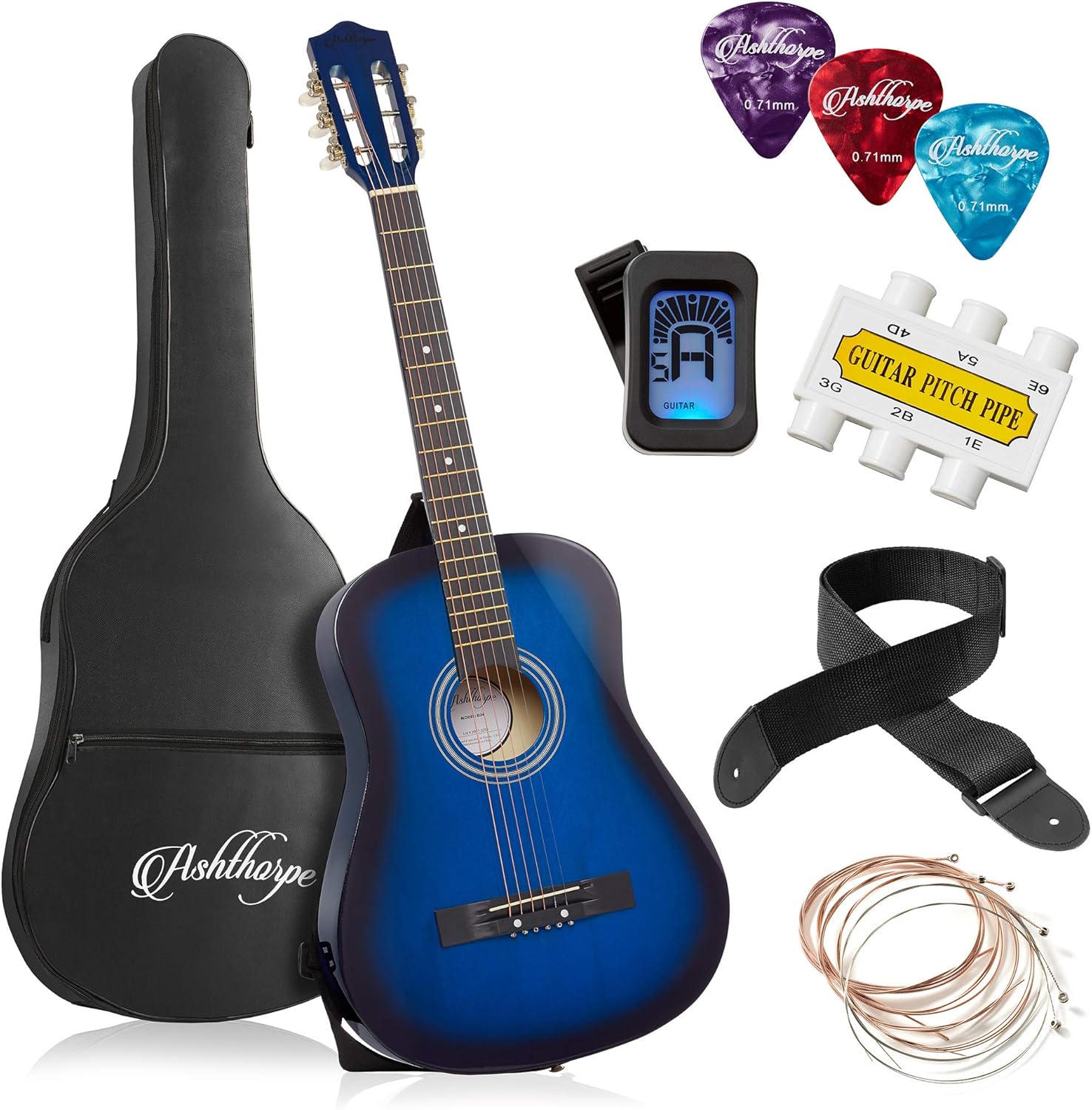 Ashthorpe 38-inch Blue Acoustic Guitar Package: Everything You Need!