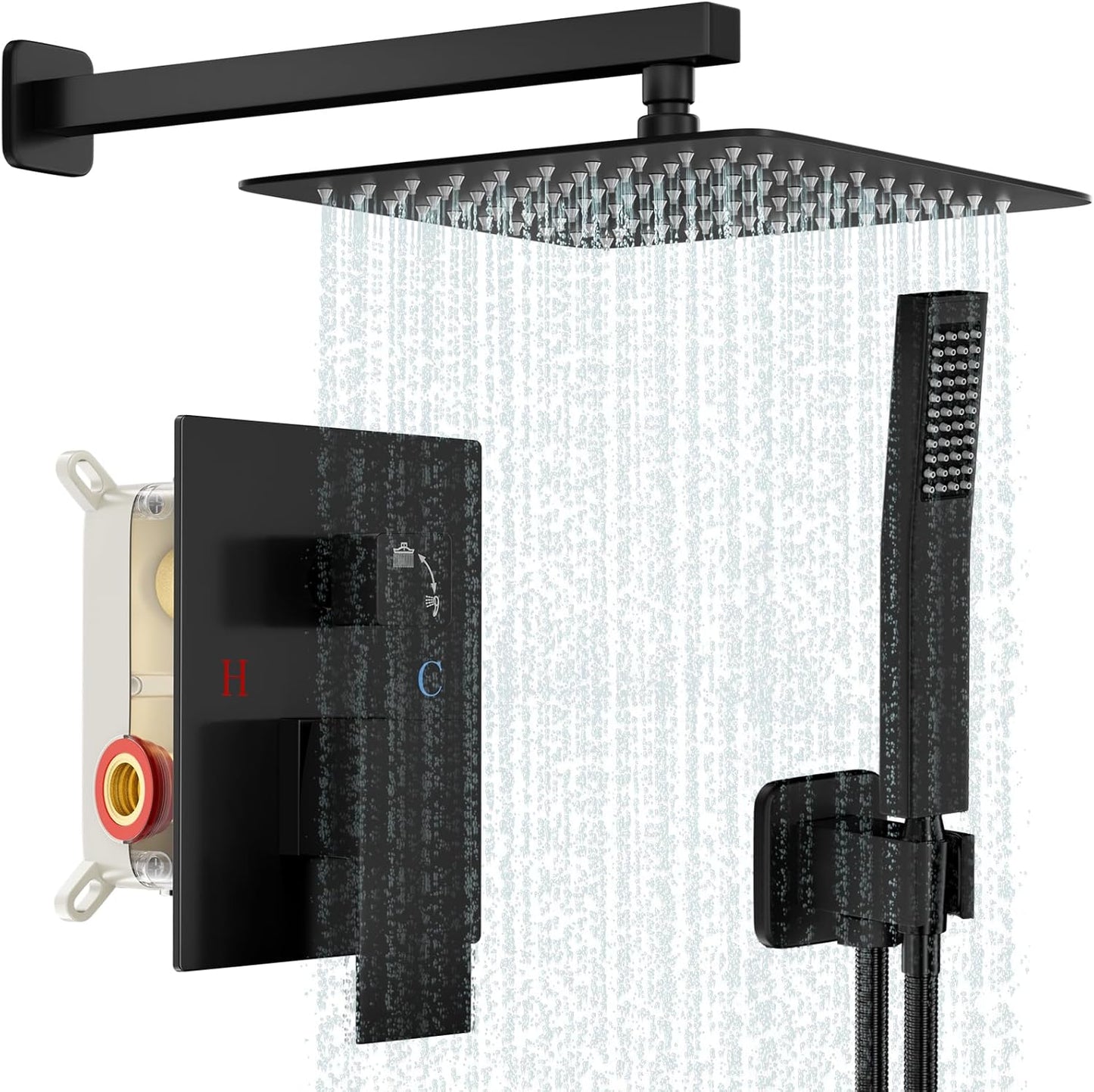 Black Shower System with Square Rain Shower Head and Handle Set