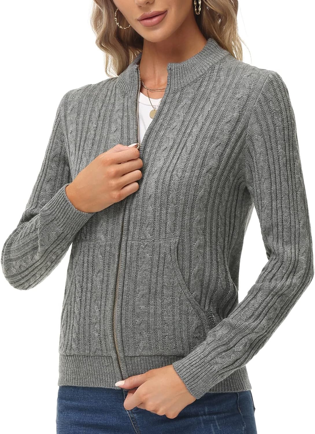 KANCY KOLE Women's Zip Up Cable Knit Sweater Cardigan Warm Outwear