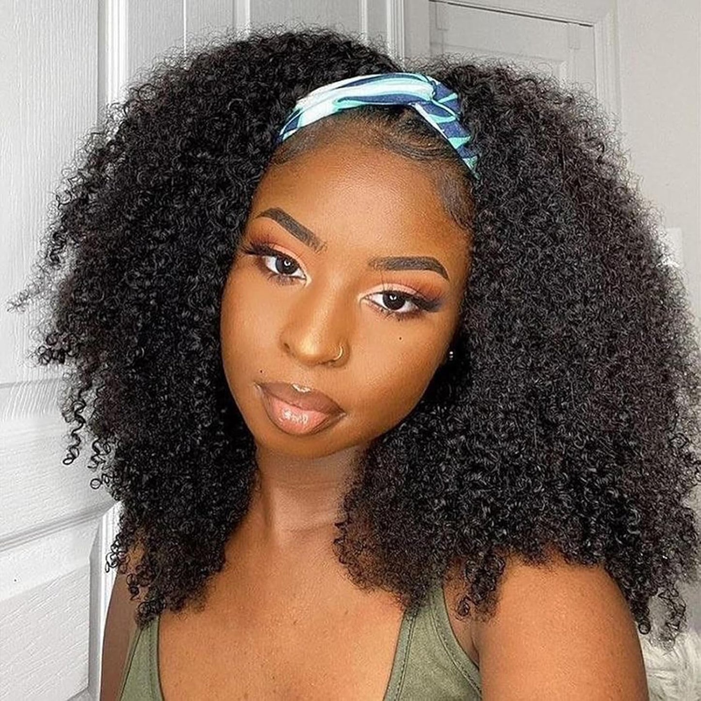 Kinky Curly Headband Wig Human Hair 16 Inch for Women