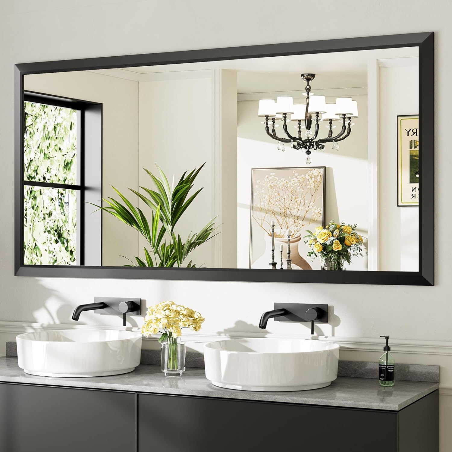 72x36 Inch Black Bathroom Mirror with Thick Metal Frame