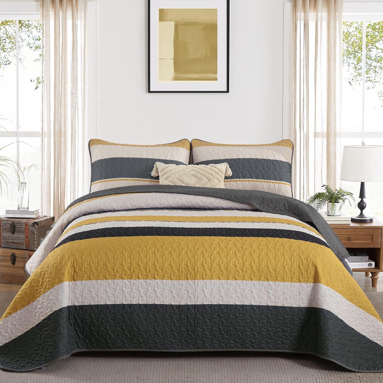 Dinjoy King Size Quilt Set in Yellow - Soft Boho Patchwork Design