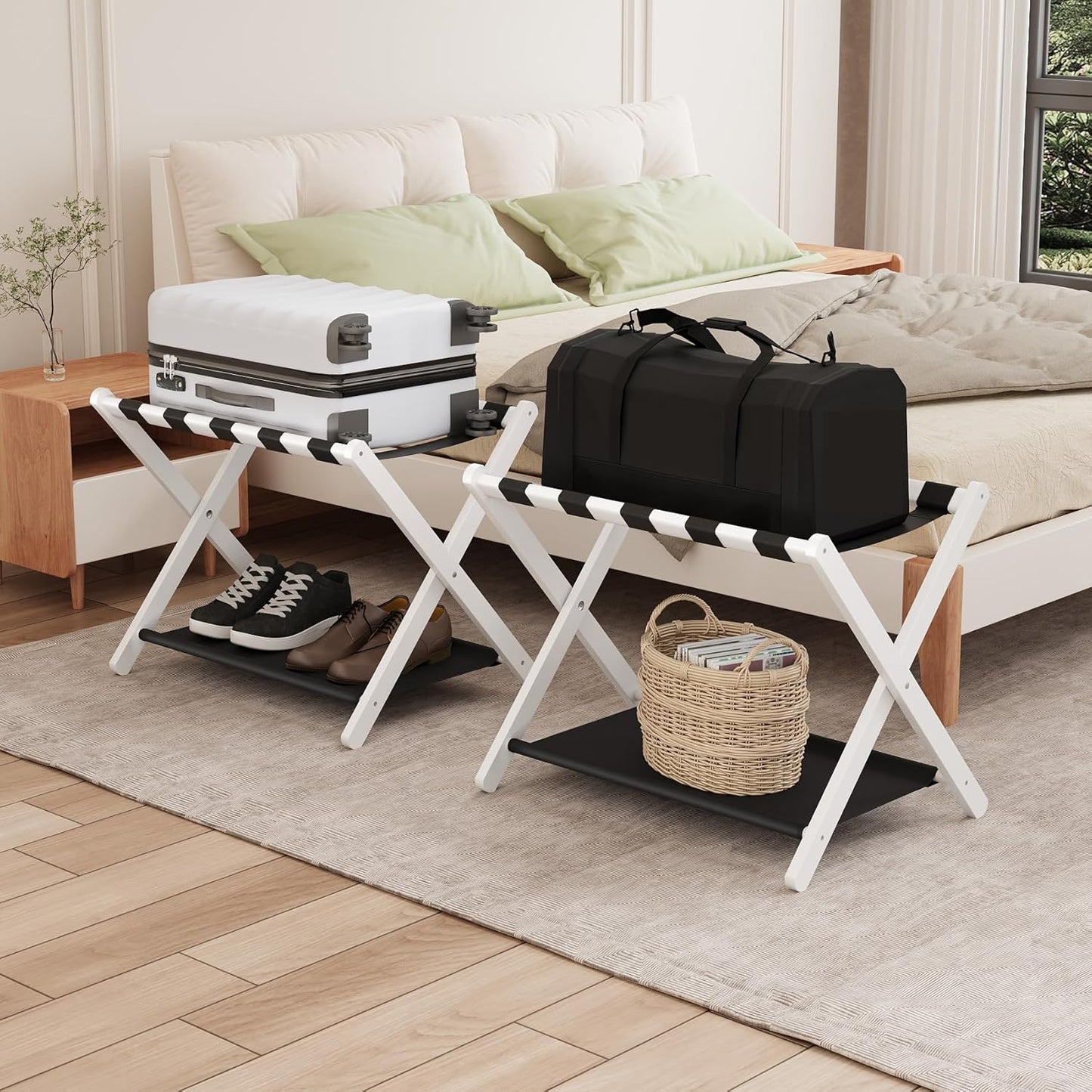 Smuxee White Bamboo Luggage Rack Pack of 2 for Easy Storage