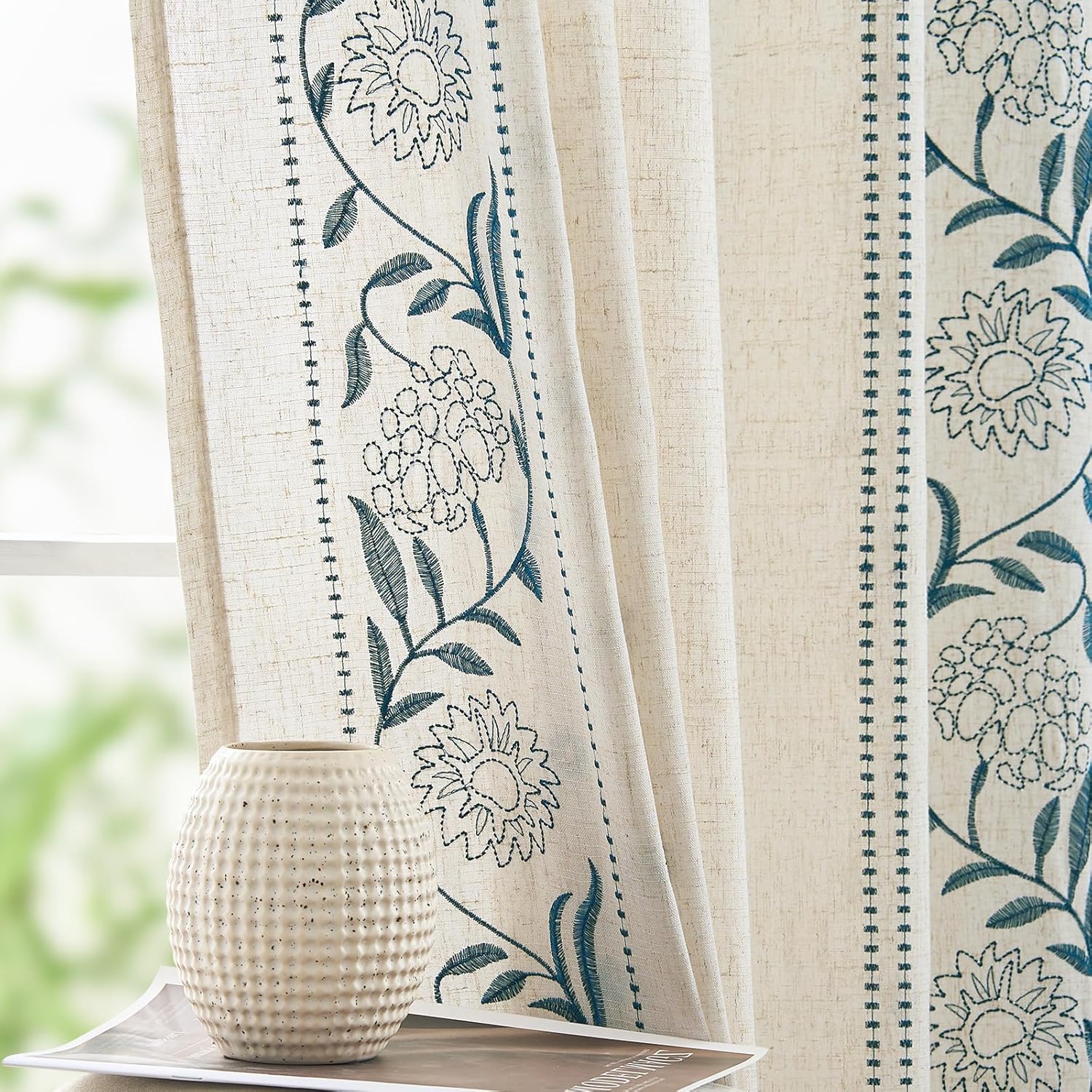 Winslow Linen Curtains for Bedroom with Floral Embroidery Design
