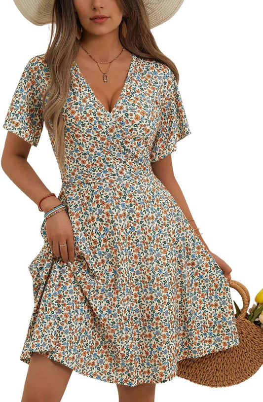 FENSACE Womens Sundress Summer Floral Short Sleeve Wrap Dress