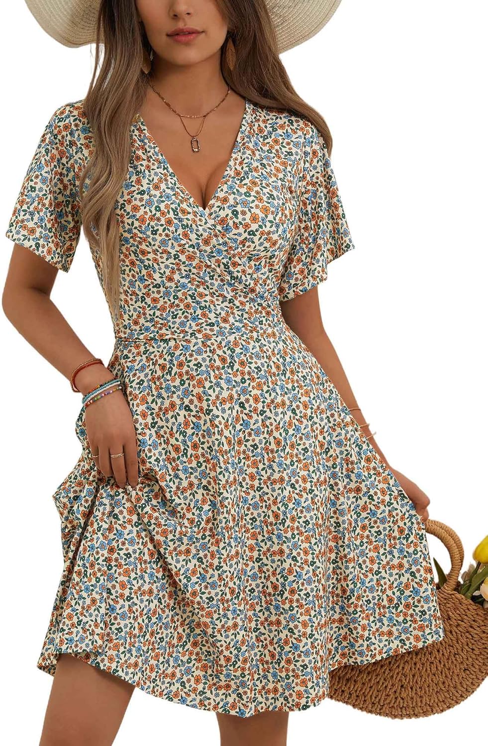 FENSACE Womens Sundress Summer Floral Short Sleeve Wrap Dress