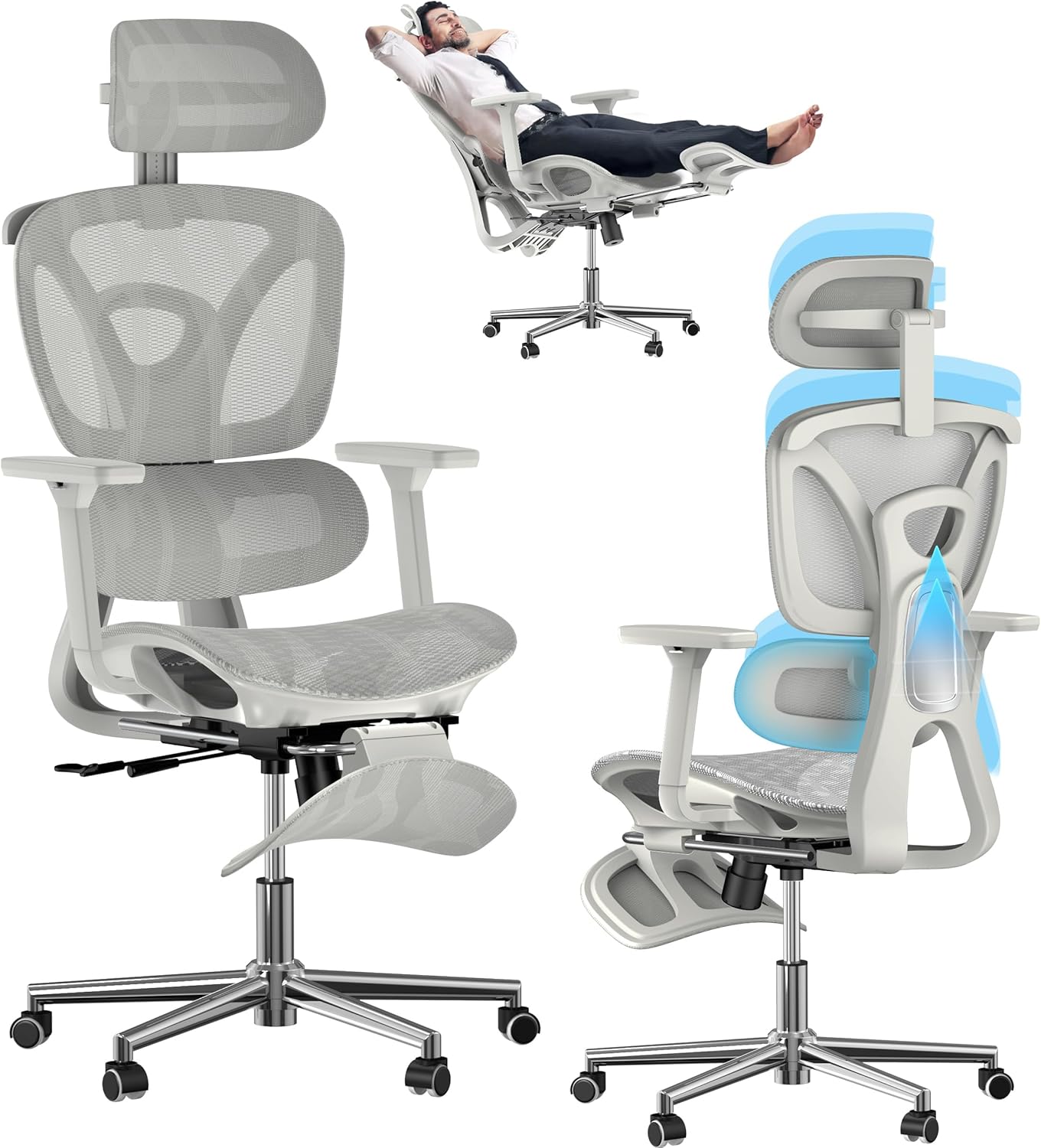 BUPPLEE Ergonomic Mesh Office Chair: 3D Headrest, 4D Armrests