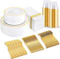 White and Gold Plastic Plates and Cutlery Set - Elegant Disposable