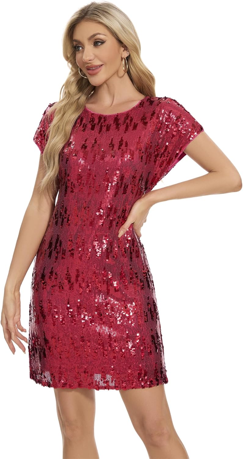 Women's Crewneck Sequin Shift Dress for Sparkly Holiday Parties