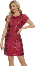 Women's Crewneck Sequin Shift Dress Short Sleeve - Sparkly Holiday it