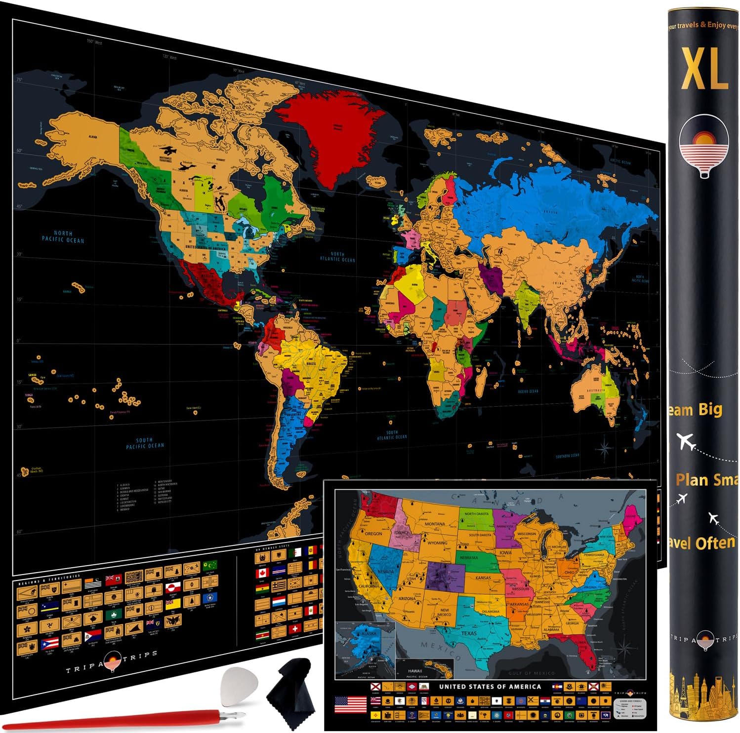 XL Scratch Off World Map with 233 Flags for Travelers