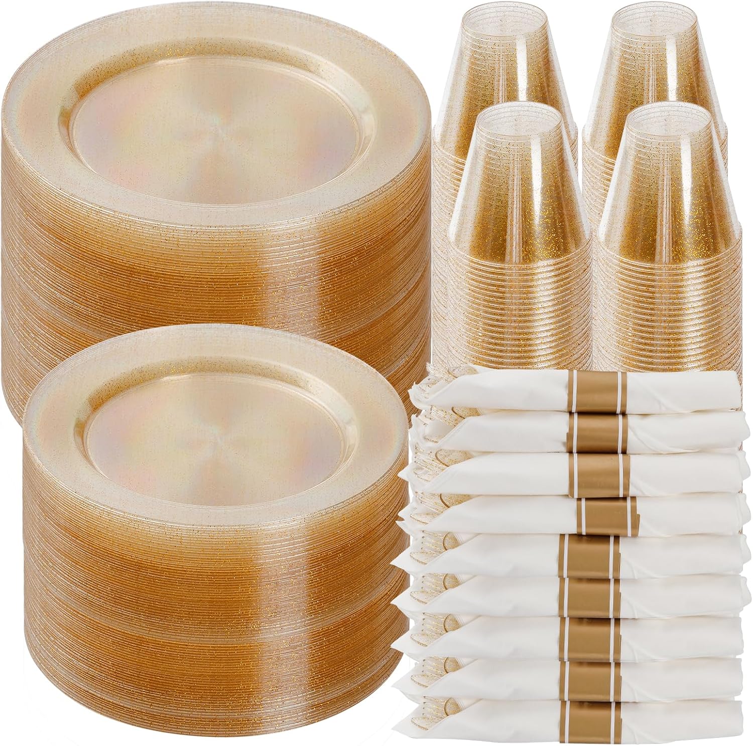 Gold Glitter Plastic Dinnerware Set for 100 Guests - 700 Pieces