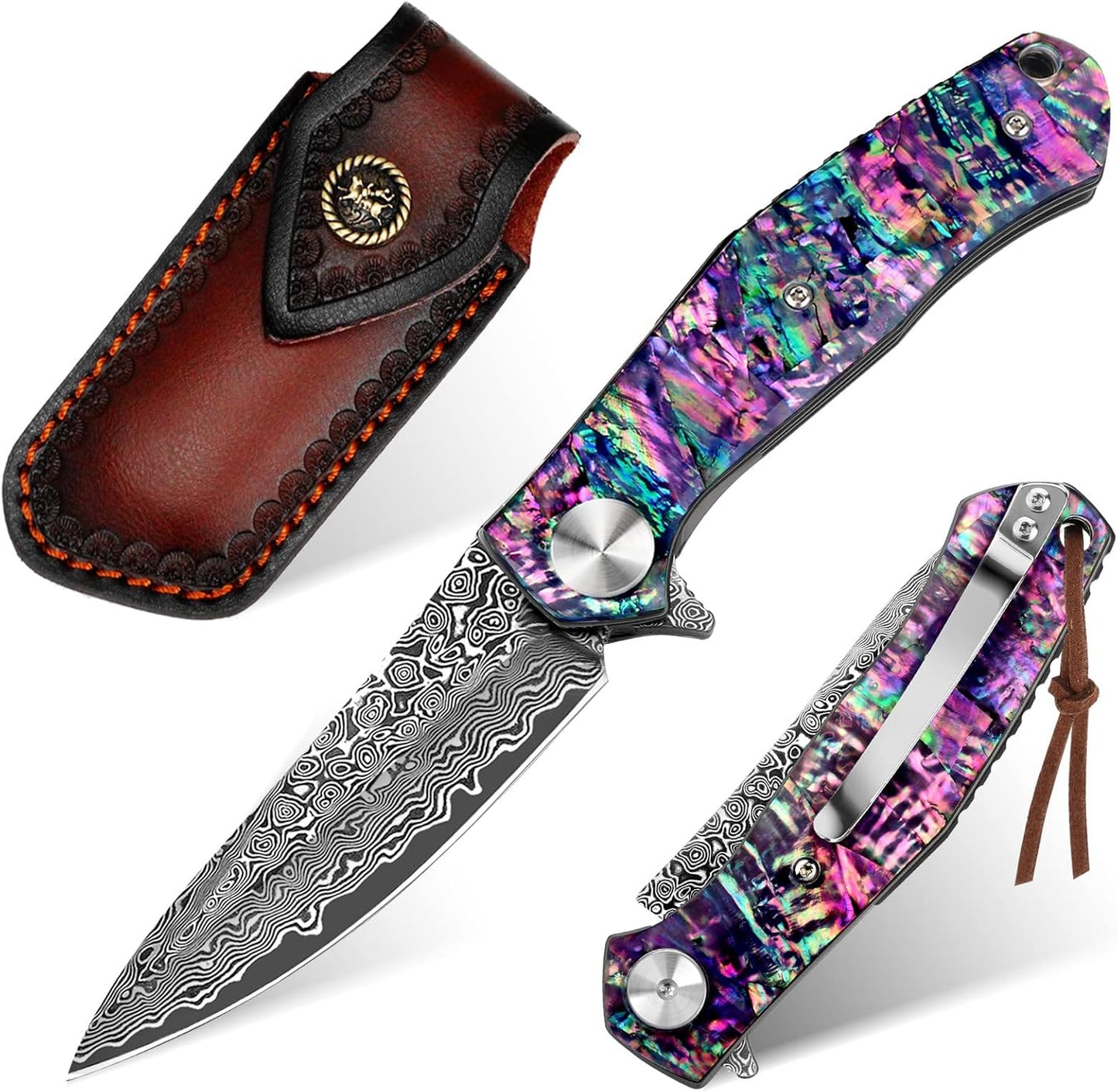 Benkey Damascus Pocket Knife with Unique Abalone Handle Design