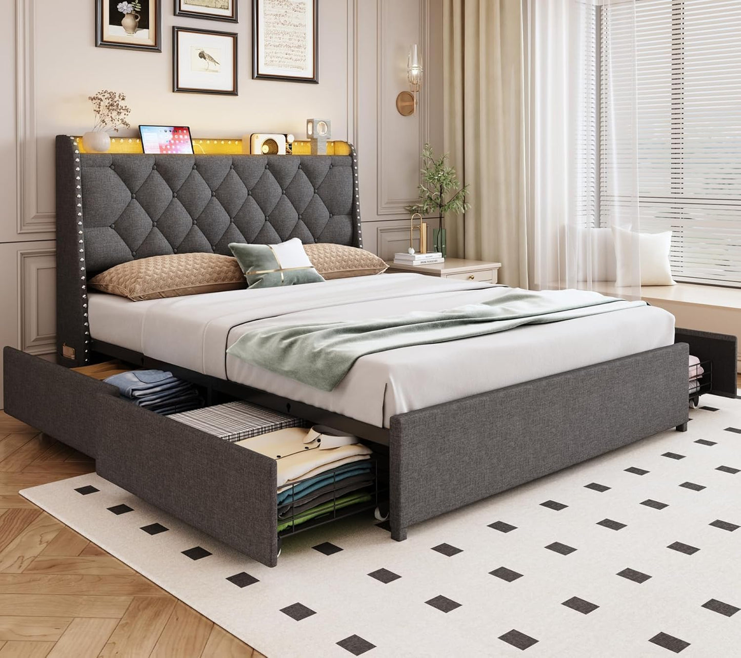 Full Size Bed Frame with 4 Drawers and LED Lights for Storage