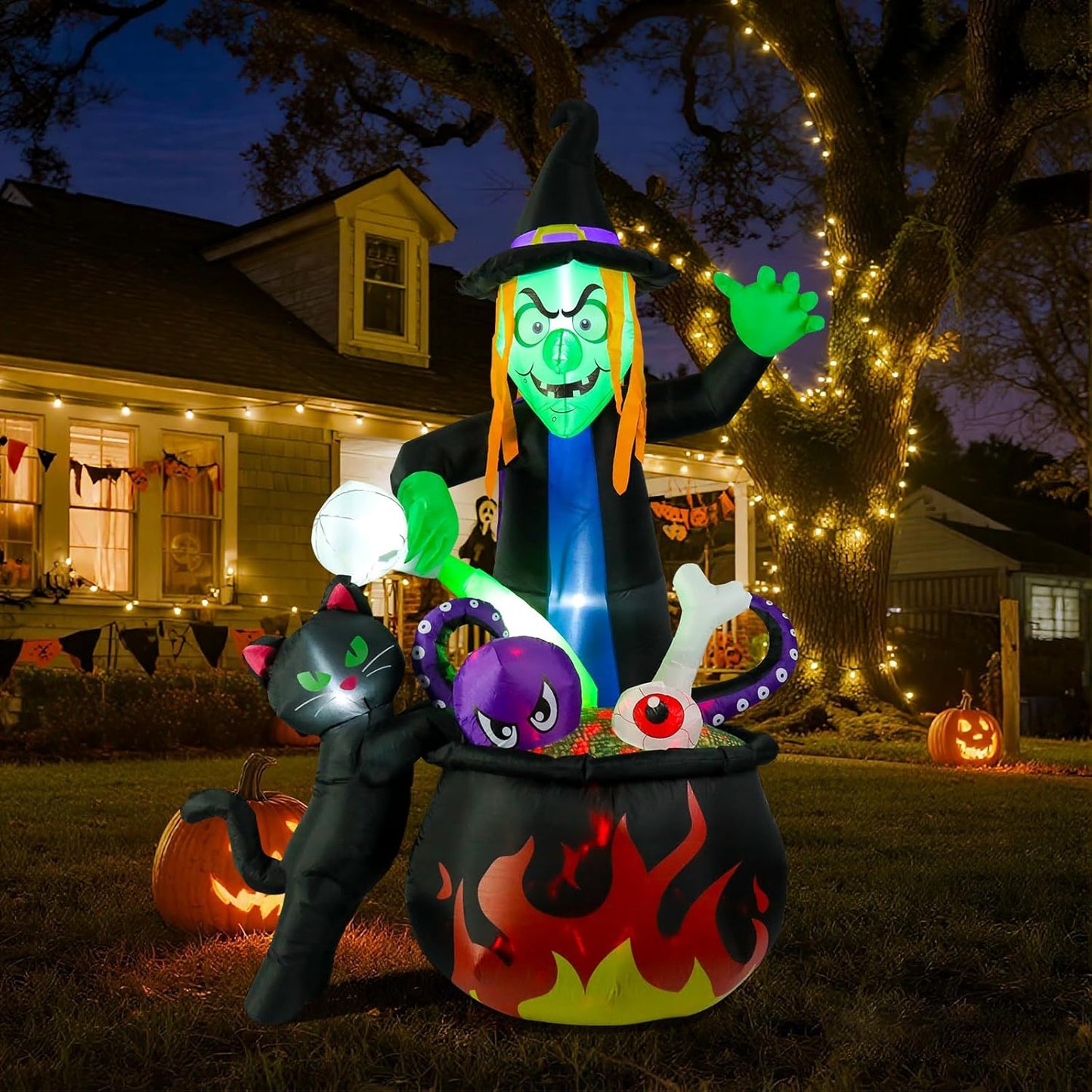 8FT Halloween Inflatable Witch with Cauldron for Spooky Fun
