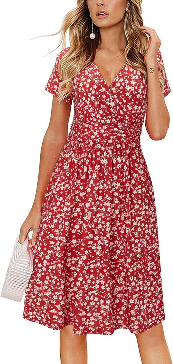 OUGES Women's Summer Short Sleeve V-Neck Floral Dress with Pockets