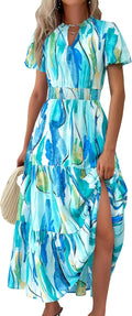 Summer Maxi Dresses for Women V Neck Puff Sleeve Smocked Waist