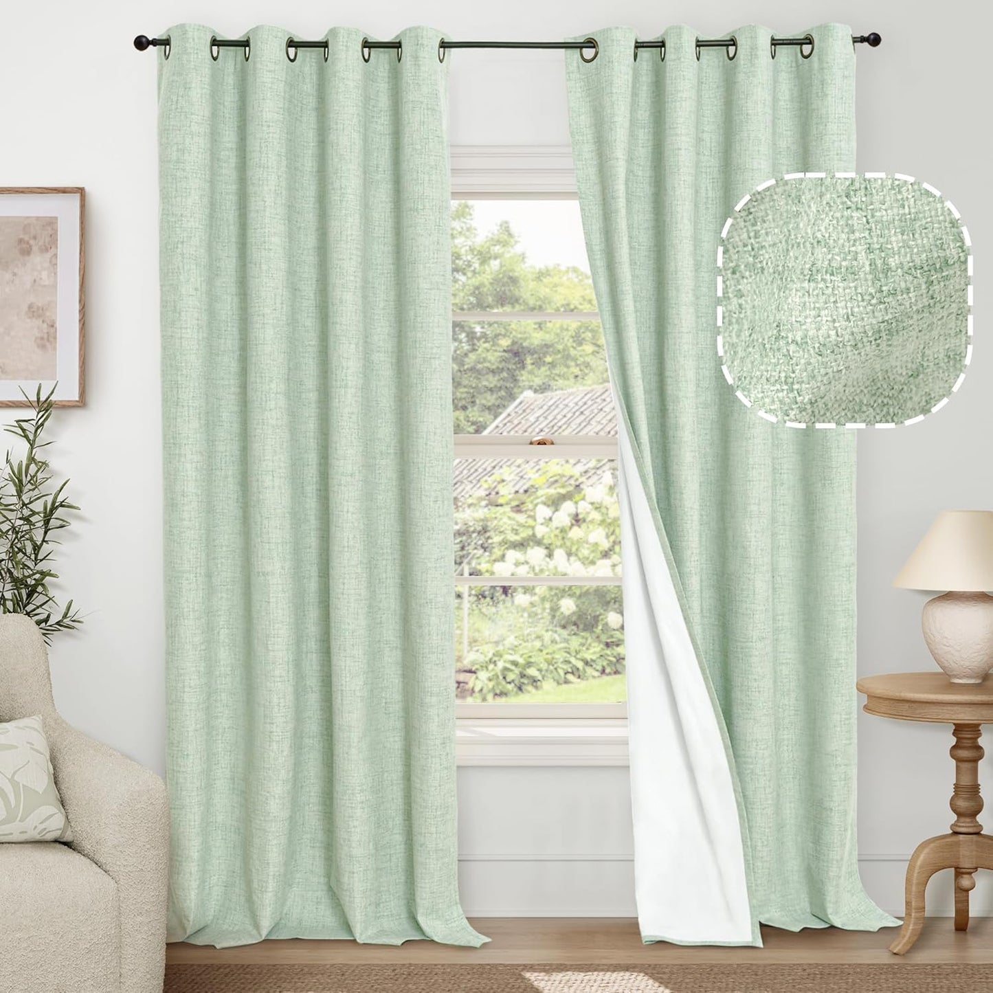 Sage Green Blackout Curtains for Bedroom - Linen Drapes 95 in