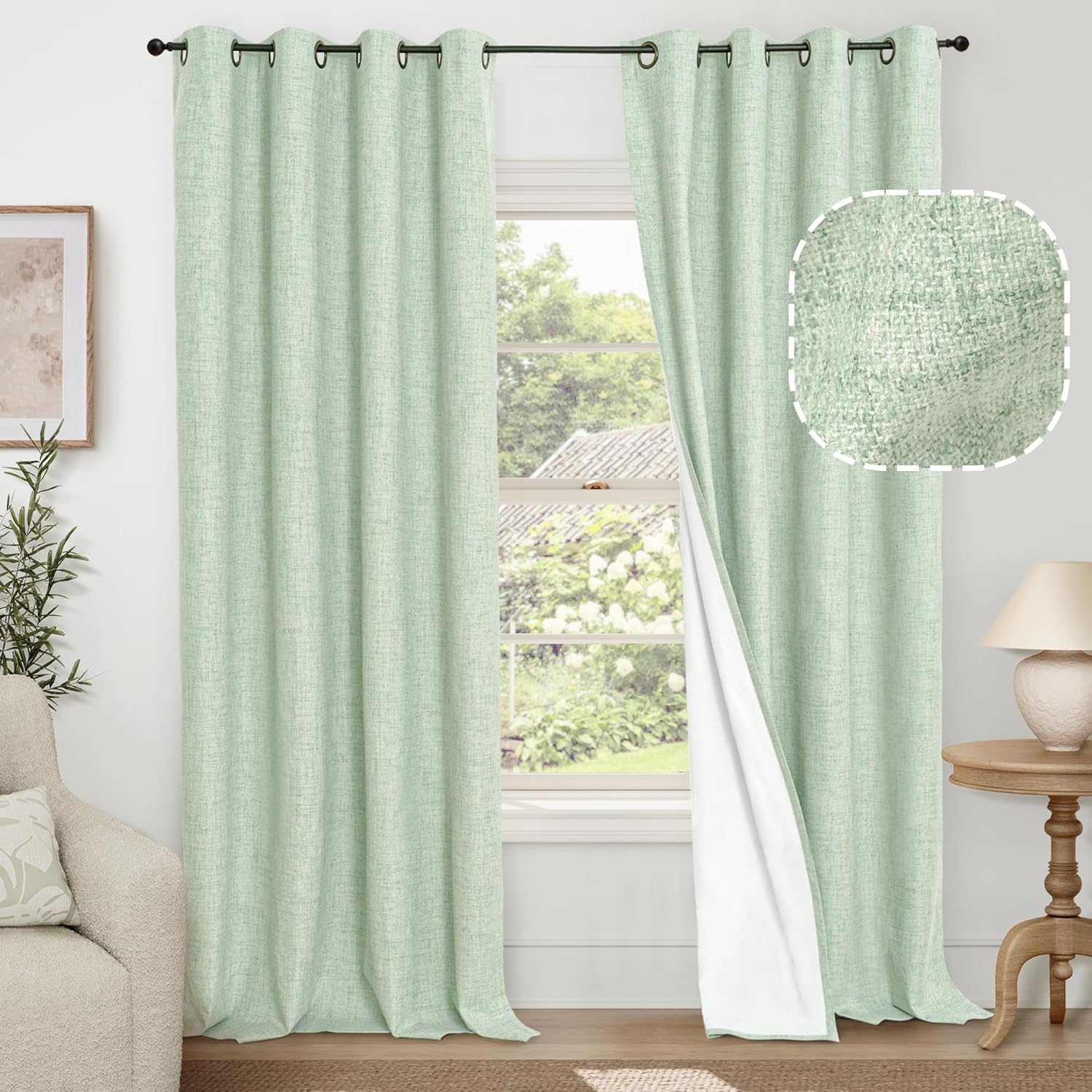 Sage Green Blackout Curtains for Bedroom - Linen Drapes 95 in