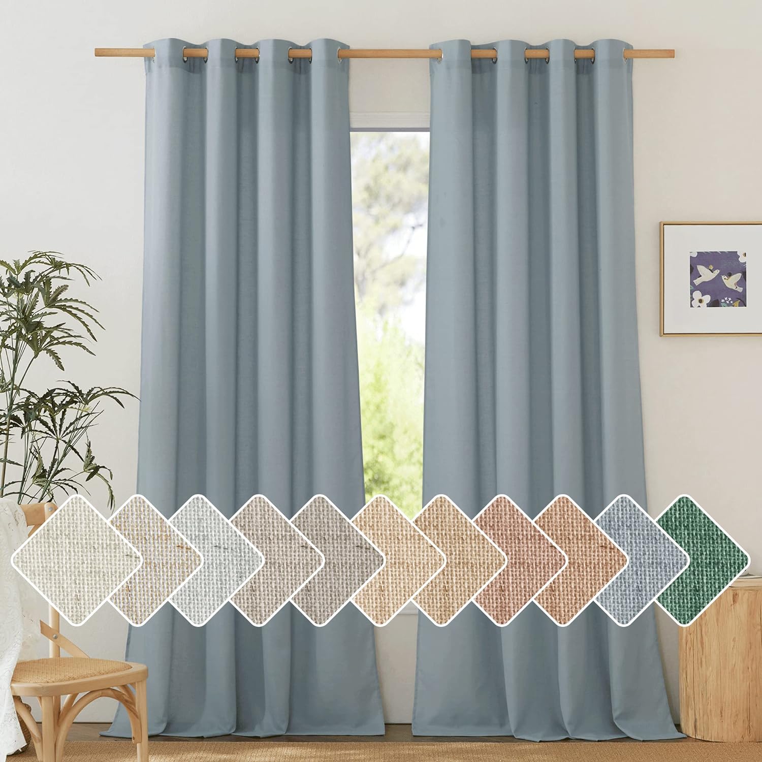 Thick Linen Stone Blue Curtains for Living Room and Bedroom