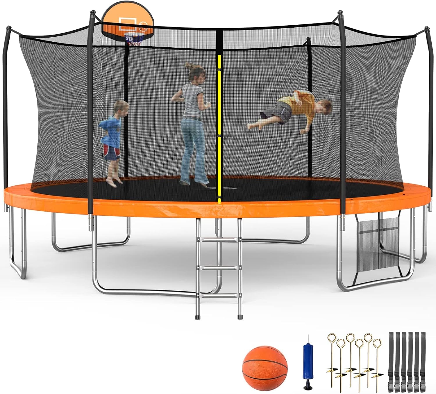 SKOK 15FT Trampoline with Enclosure Net and Basketball Hoop