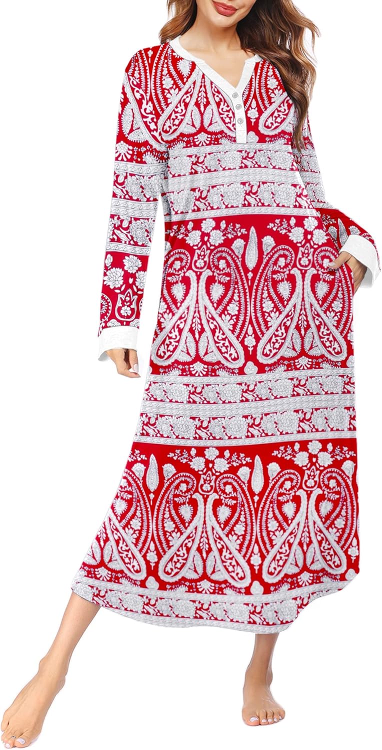 Ekouaer Womens Nightgown Long Loungewear V Neck Sleepwear