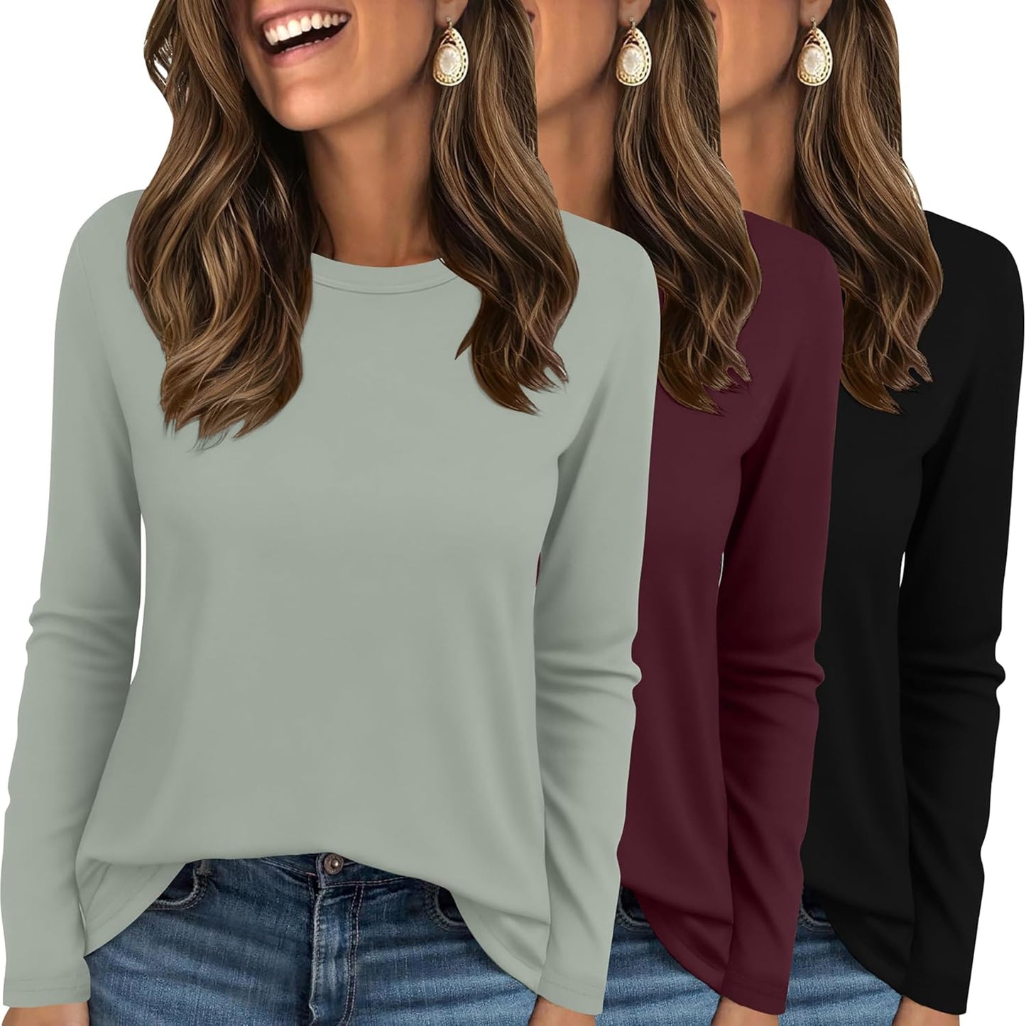 Ekouaer Womens Long Sleeve Shirts 3 Pack for Trendy Style