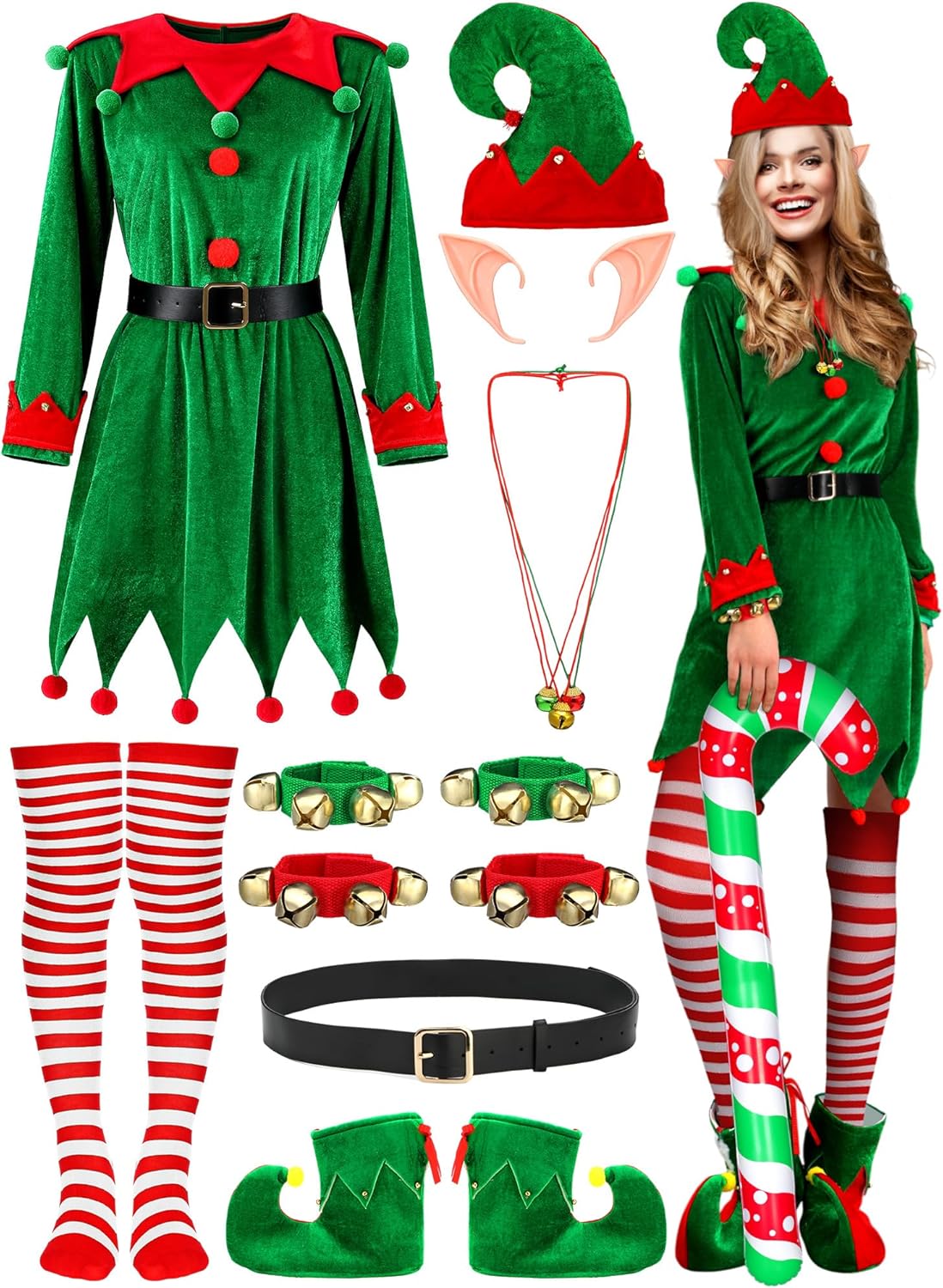 14 Pcs Women Christmas Elf Costume Set for Festive Fun