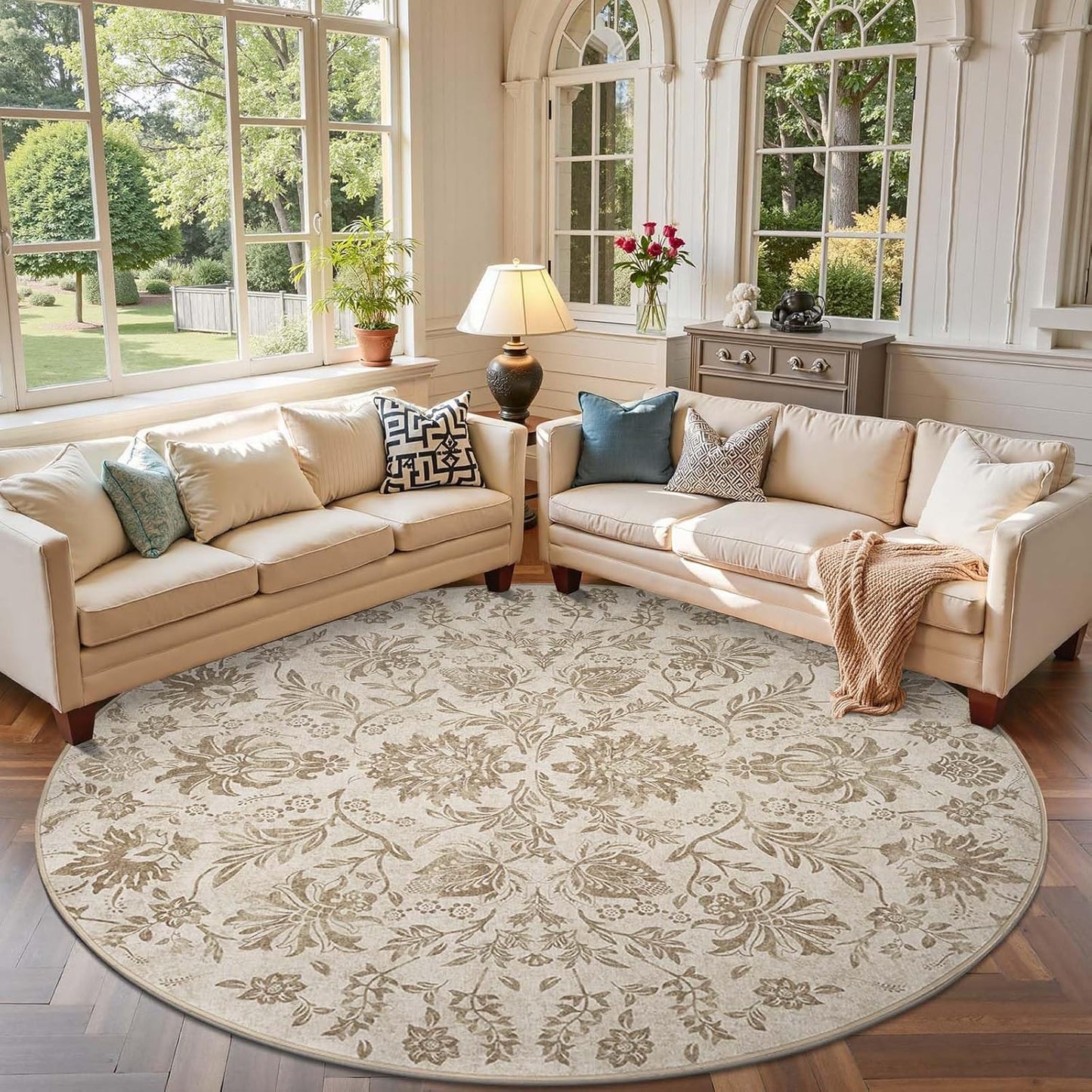 Classic Floral Round Rug 8ft - Vintage-Inspired Non-Slip Design