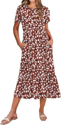 Summer Midi A Line Dress Short Sleeve Casual Flowy Tiered Sundress