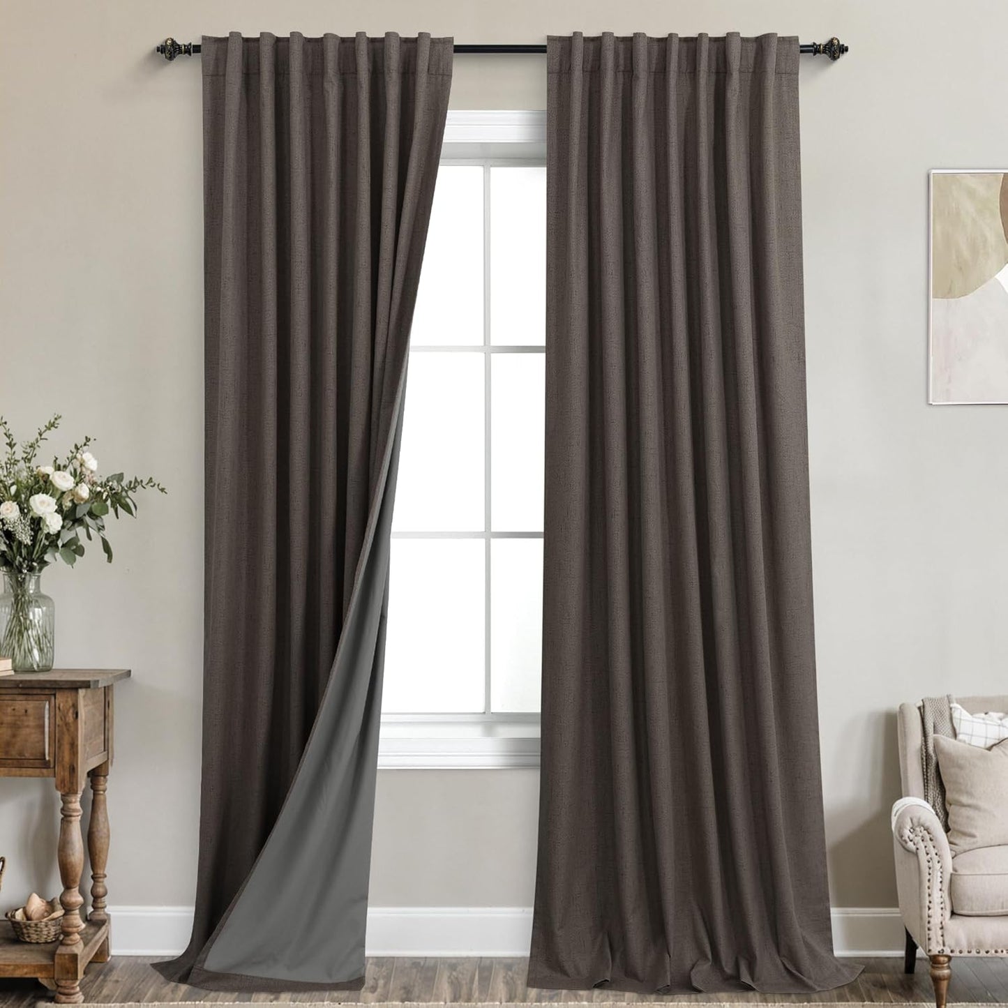 KOUFALL Dark Brown 108 Inch Long Blackout Curtains for Living Room