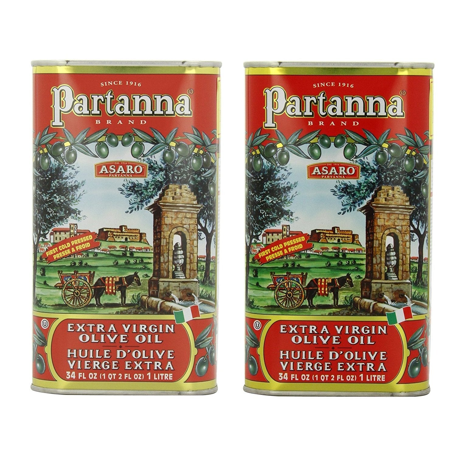 Partanna Extra Virgin Olive Oil 1 Liter Can Pack of 2 for Cooking