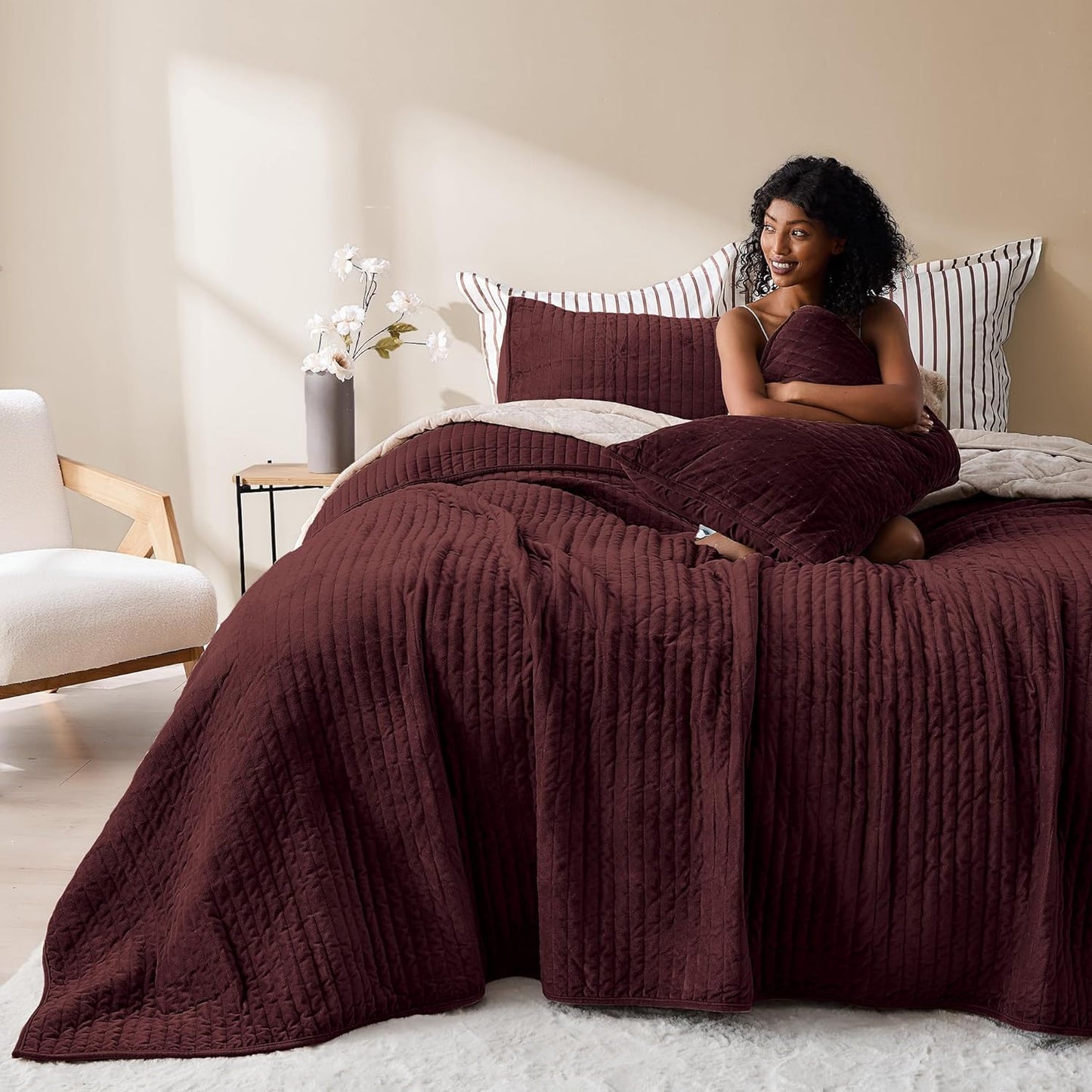 Luxurious Velvet Quilt - Striped Channel Stitch Burgundy Queen