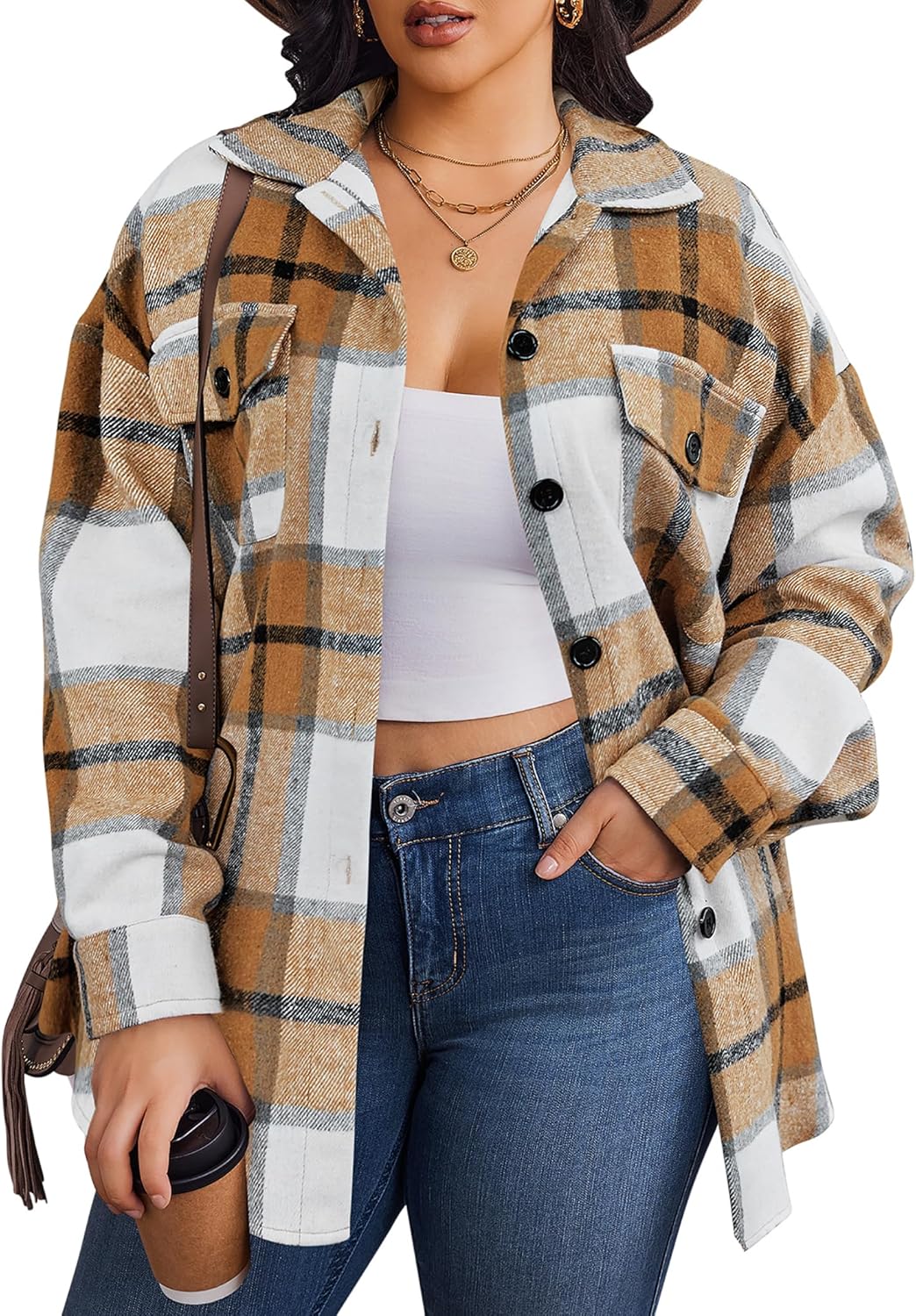 Plus Size Flannel Plaid Shacket for Women - Casual Fall Jacket