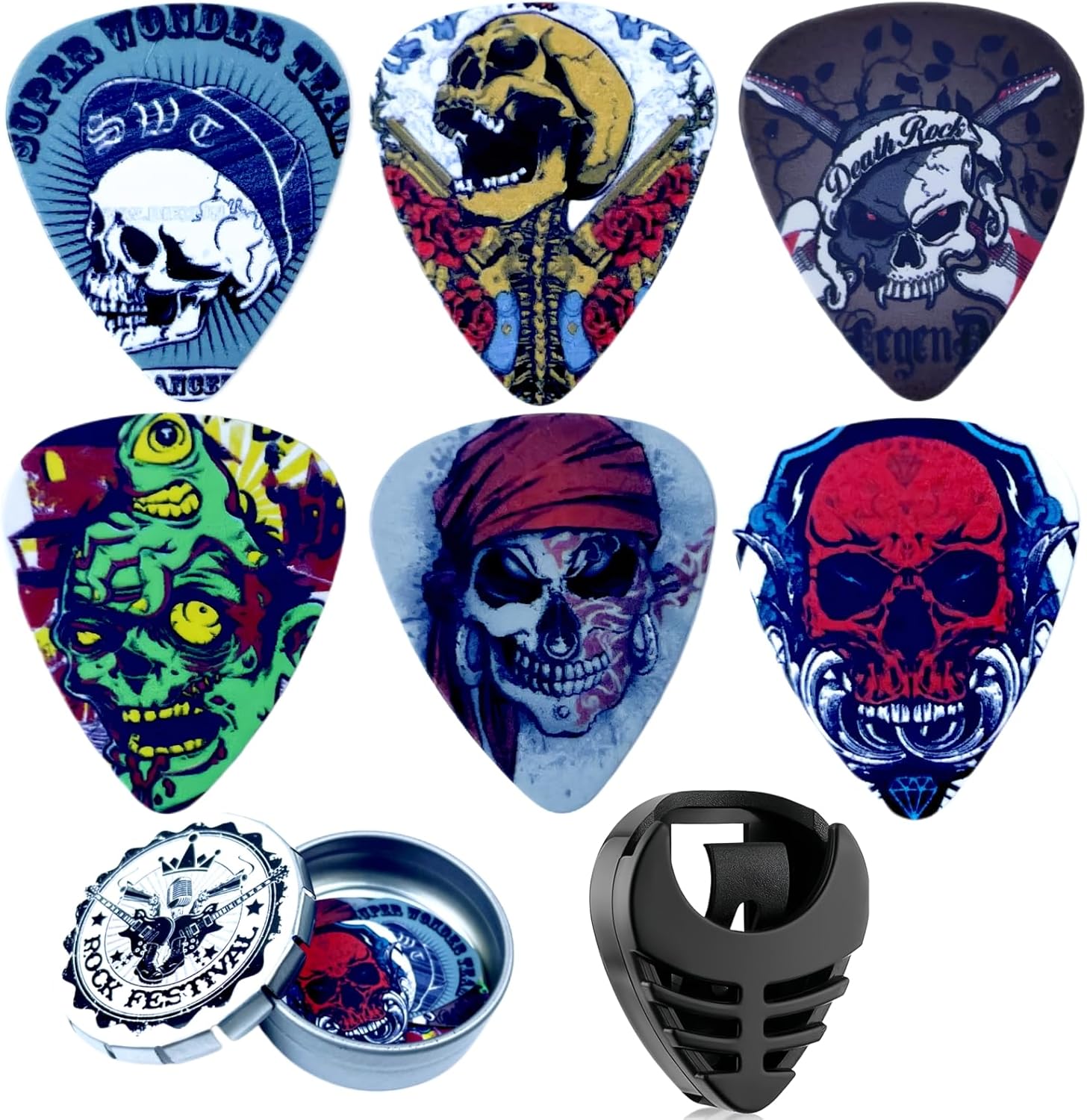 Metal Box of 6 Miwayer Picks | Cool Art Design | Gift for Guitar Lovers