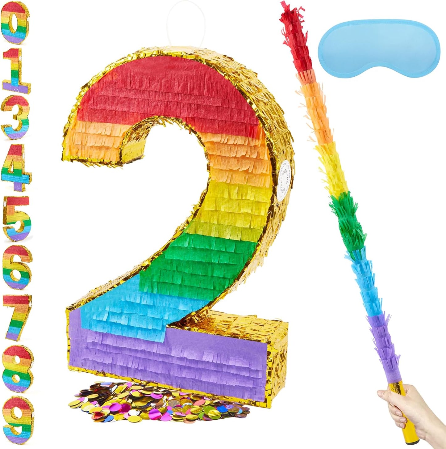 Rainbow Number 2 Pinata with Stick for Birthday Party Fun
