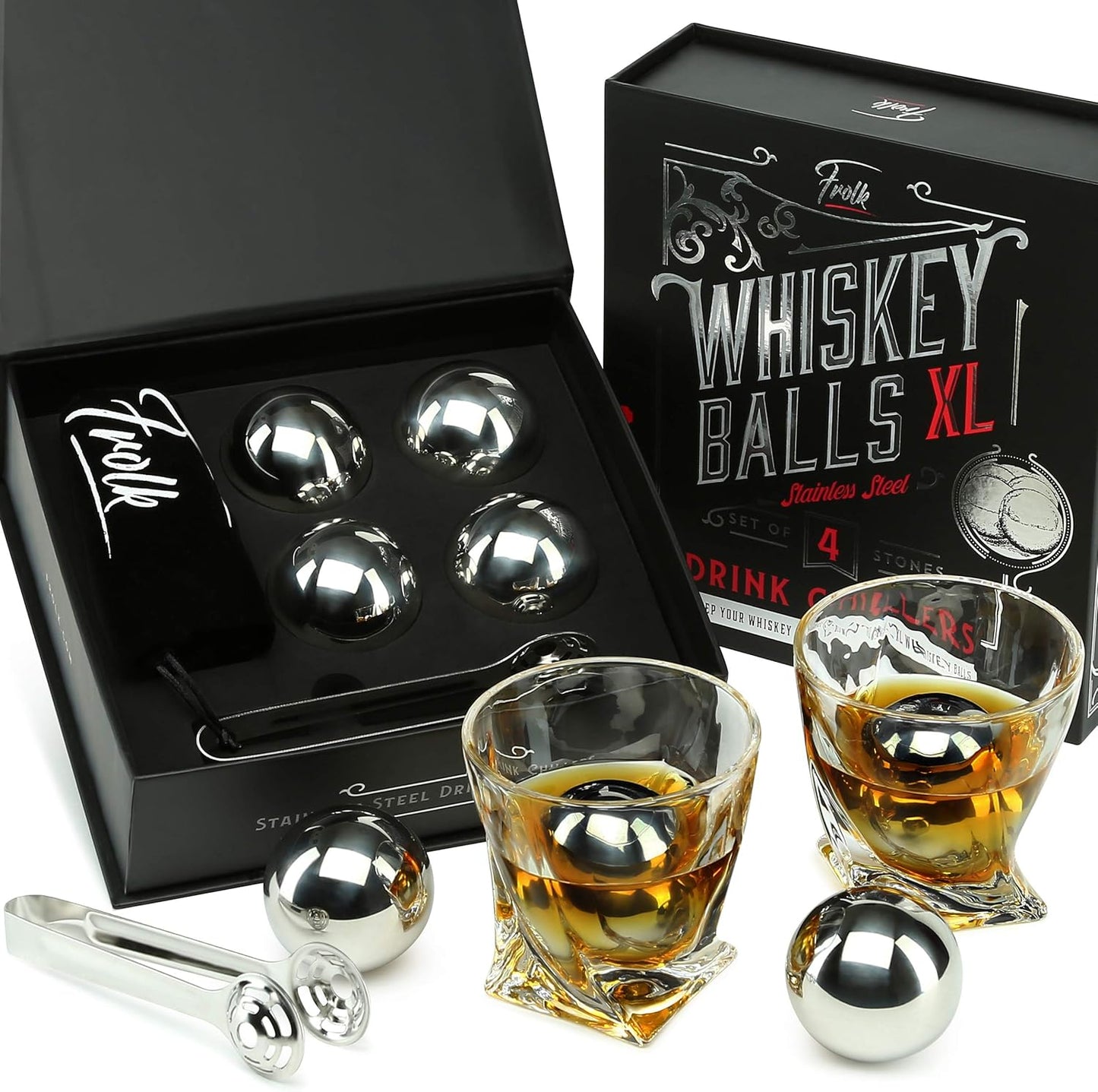 XL Stainless Steel Whisky Ice Balls Gift Set for Whiskey Lovers