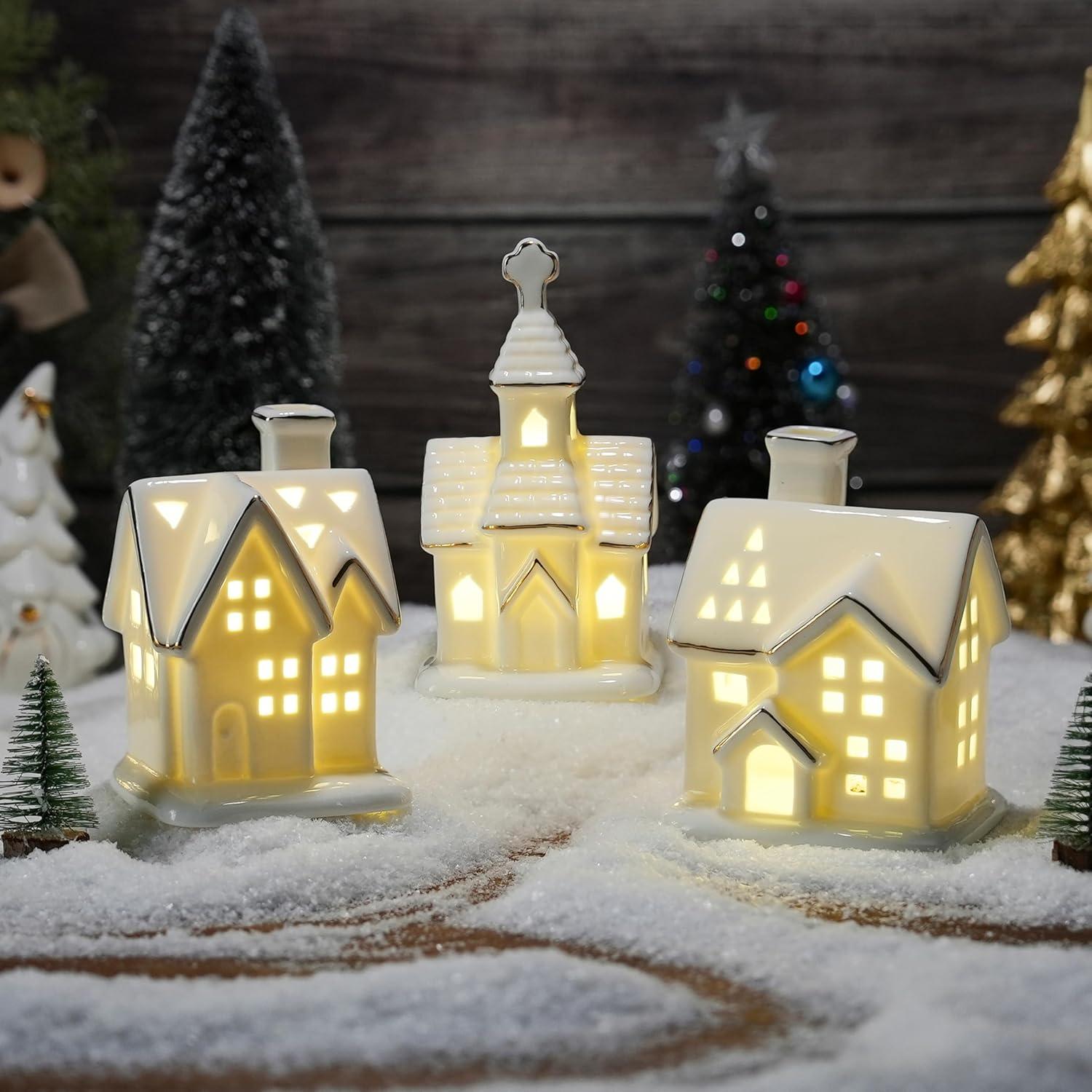 White Christmas Village Houses Set with Trees for Holiday Decor