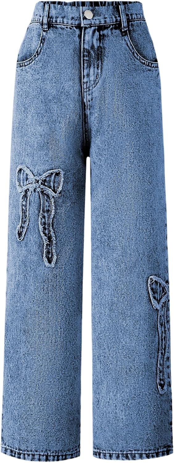 WDIRARA Girl's Bowknot Print Washed Jean Elastic Waist Trousers