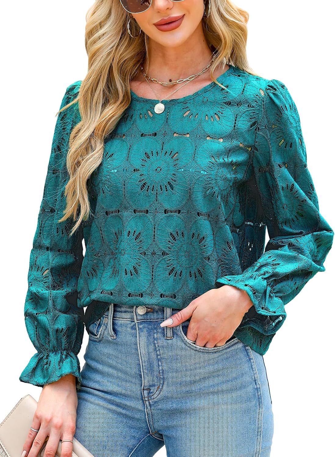 CUPSHE Women Eyelet Long Sleeve Tops for Dressy Casual Wear
