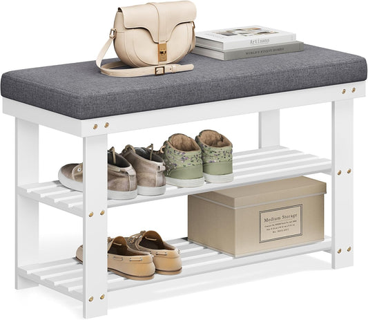 SONGMICS Bamboo Shoe Bench - Comfortable 3-Tier Shoe Rack