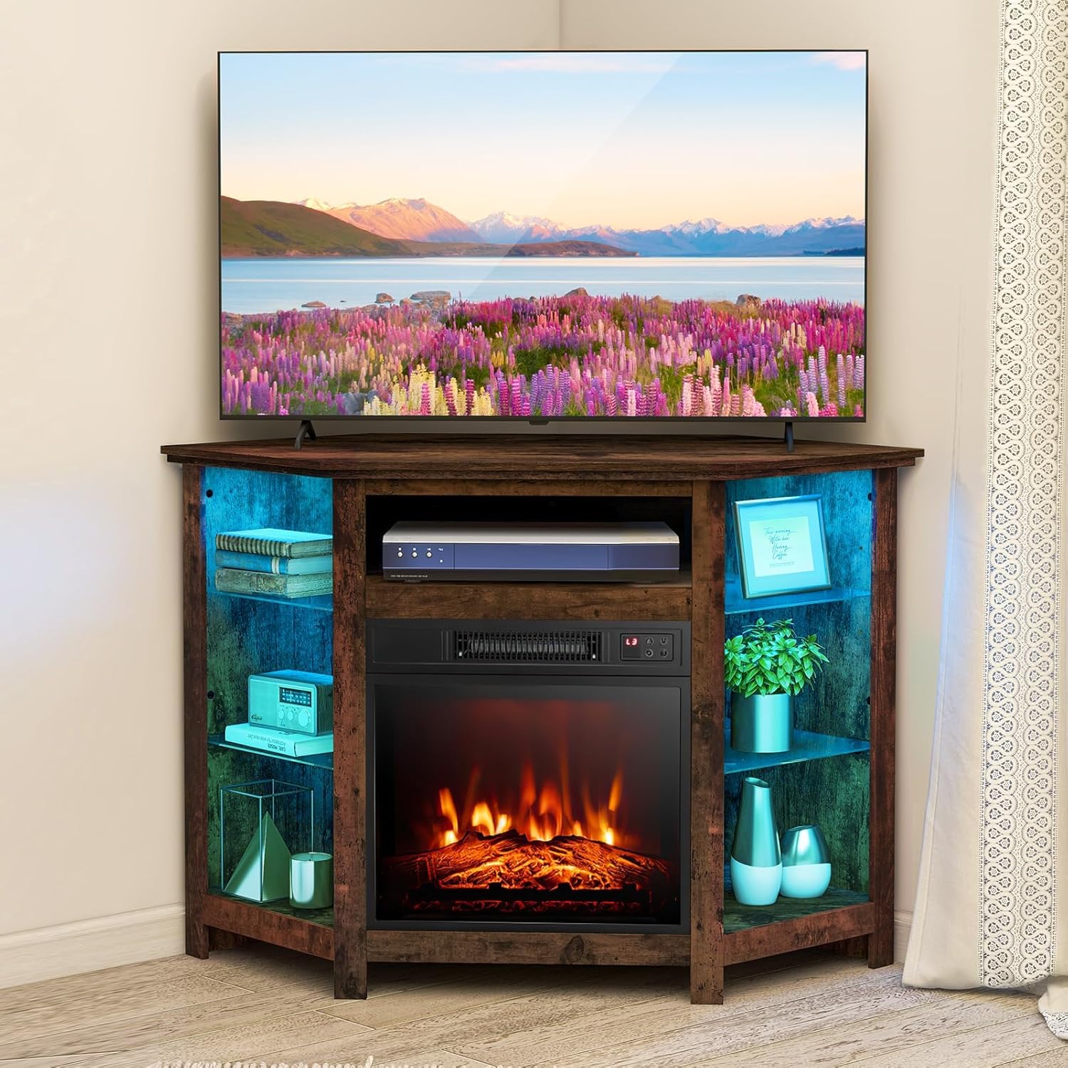 SIMOE Corner TV Stand w/ Electric Fireplace & LED Lights