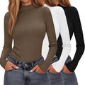3 Pack Women's Mock Neck Cotton Ribbed Long Sleeve Tops - Slim Fit