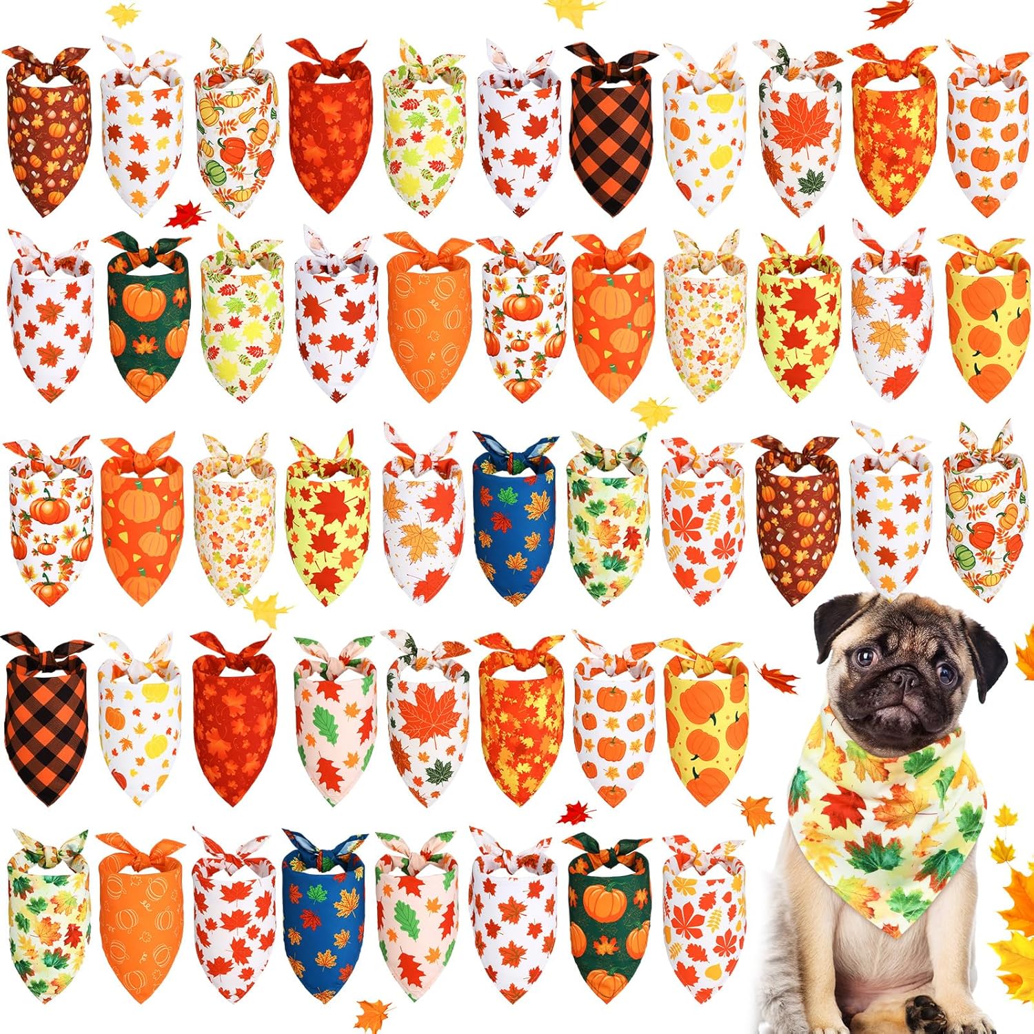 Fall Dog Bandanas for Pets - 50 Pieces Pumpkin & Maple Leaves
